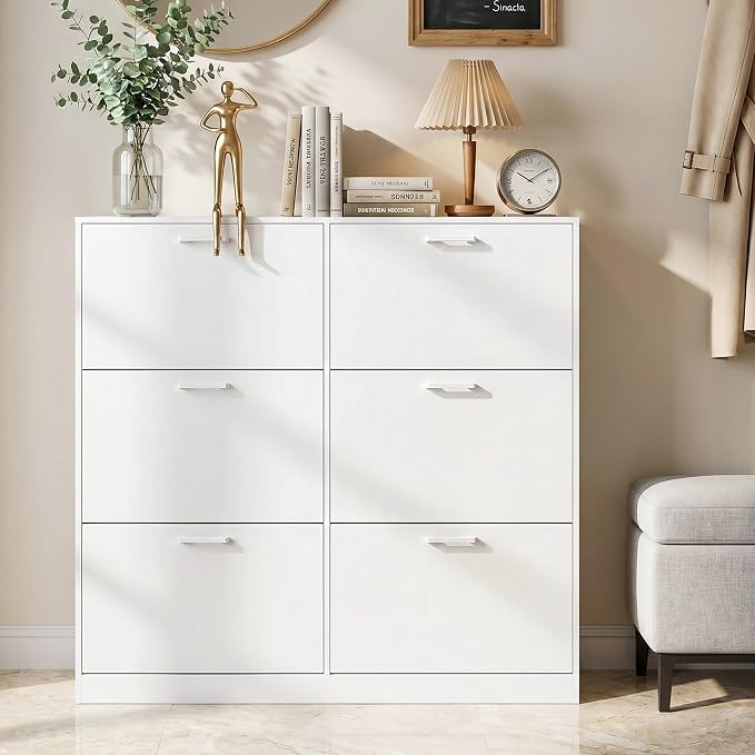 Shoe Cabinet with 6 Flip Drawers, Narrow Freestanding Shoe Organizer, Hidden Slim Shoe Storage Cabinet for Entryway, Hallway, Living Room, White