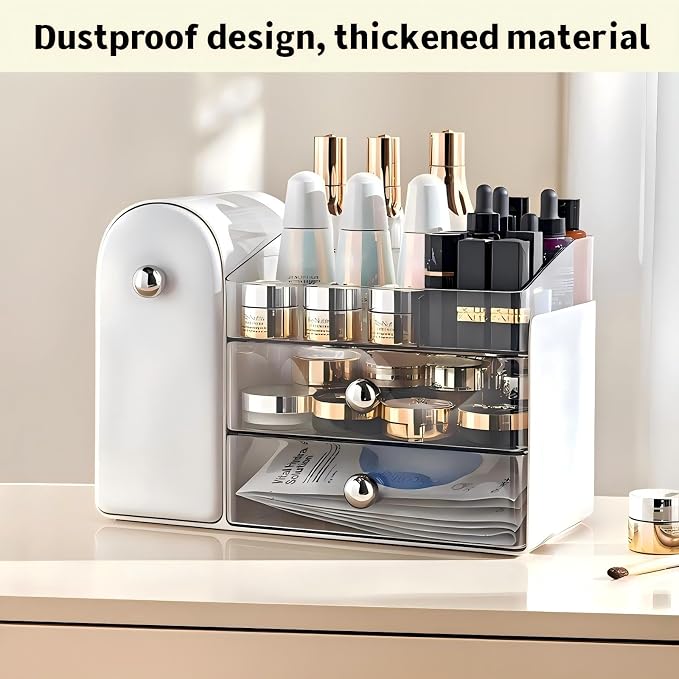 Makeup Organizer for Vanity with Brush Holder,Skincare Organizer | Large Makeup Storage,Bathroom Counter Organizer,Waterproof,Dustproof,Vanity Organizer Countertop,Durable,Easy-Clean,White