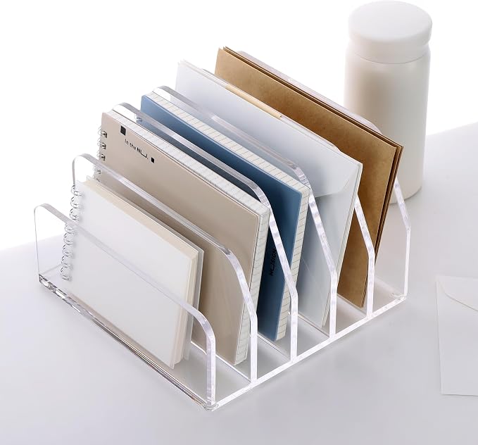 SANRUI Acrylic Bill Letter Organizer Holder for Desk, Clear 5 Compartments | Laddered Mail Sorters, Multifunction Desktop Envelope Folder Racks Document Holders for Office, Home, School