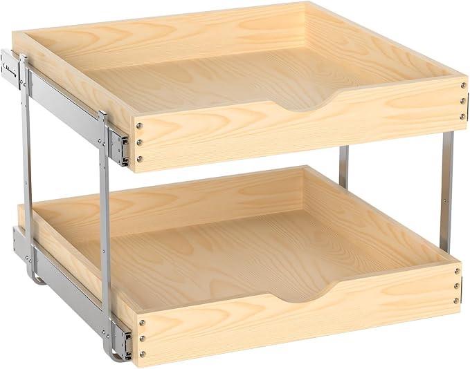 21" Deep 2-Tier Pull Out Cabinet Organizer - Wood Pull Out Drawers | Slide Out Shelves, Full-Extension, Ball-Bearing Slides, 3 Adjustable Heights (2-Tier, 20''W X 21''D Overall)
