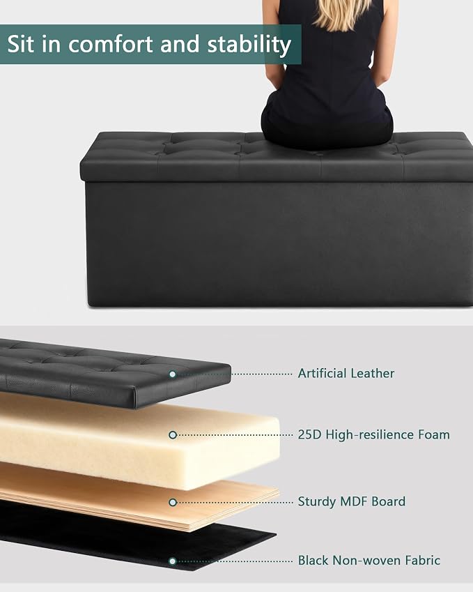 LITZFUR 43" Storage Ottoman Bench, Folding Faux Leather Chest, Black | Stroage Box with 2 Dividers, Foot Rest Stool, Padded Seat for Bedroom, Entryway, Living Room