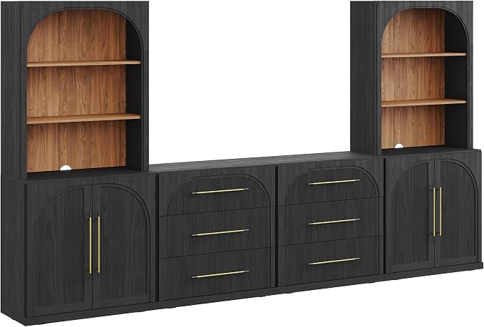 BELLEZE 6-Piece Modular TV Stand Set - 2 Double-Arc Wood Door Sideboards, 2 Sideboards with Drawers, and 2 Hutch Cabinets, Classic Modern Media Console with Adjustable Shelves for Living Room(Ebony)
