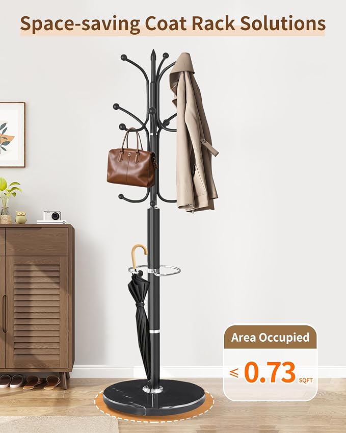 Modern Coat Rack Stand, Metal Freestanding Coat Rack with Natural Marble Base, Heavy-Duty Coat Racks with Umbrella Holder,Black Coat Hanger Stand with 12 Hooks for Office, Entryway, Hallway