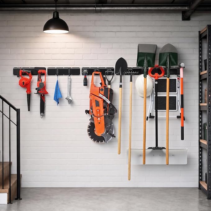 VEVOR Garage Tool Organizer 99 Inch 1200 lbs Wall Mount Garden Tool Rack, Heavy Duty Garage Hanging Storage Rack Organization with 6 Rails and 16 Adjustable Hooks, for Yard Tools, Shovel, Rake, Shed