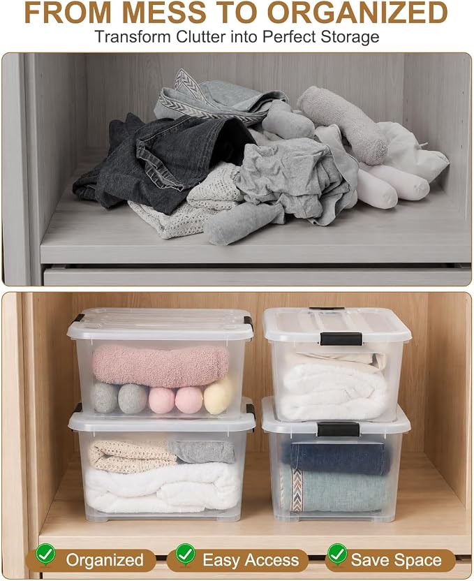 EOENVIVS 15L Clear Storage Bins with Lids, 4 Pack Stackable Plastic Storage Containers with Lids, Latching Storage Boxes and Organizer Bins for Closet, Toys, Crafts and Office