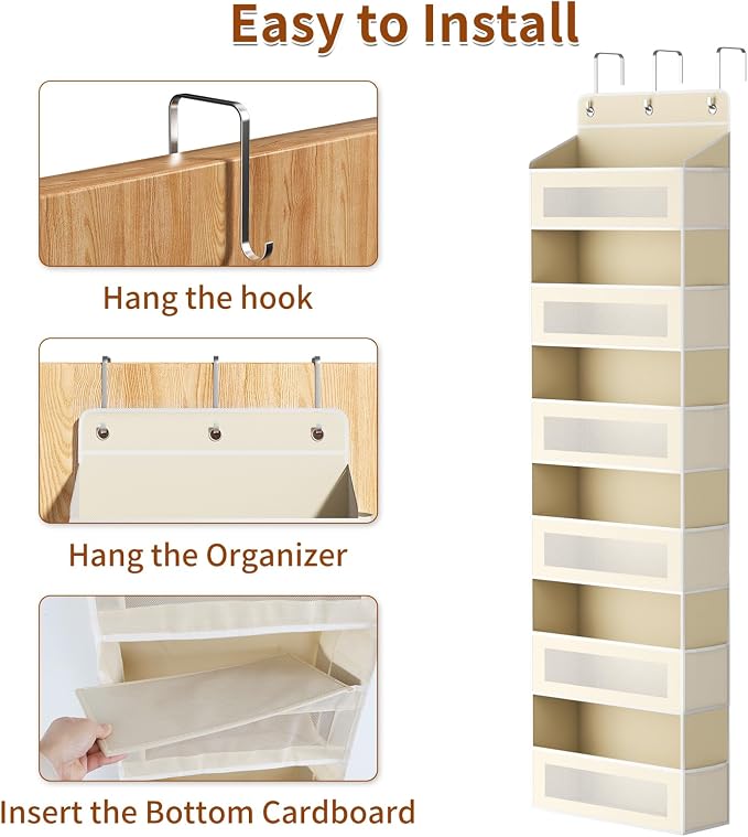 AQOOA 6-Tier Over The Door Organizer 44 lbs Capacity fit Standard Doors | Over the Door Storage 6 Large 12 Side Pocket Behind Door Storage, Closet Door Organizer Hanging Shelf, Beige