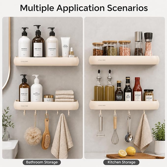 Shower Caddy Adhesive, No Drilling Rustproof Bath Organizer Shelf | Large Capacity,Includes Hooks&Hanging Bar, Aluminum Frame,2 Installation Ways,Wall-Mounted Bathroom Organizer Storage Shelves