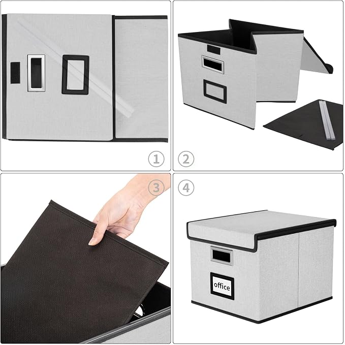 File Organizer Box with Lids, Collapsible File Folder Organizer | File Box with Plastic Slides for Document, Filing Bin for Letter Size Hanging File Folders (1 Pack, Light Gray)