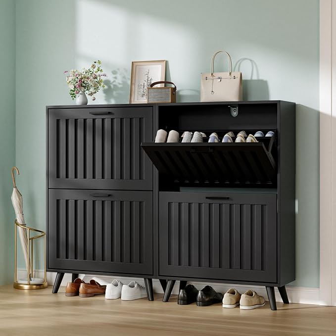 Shoe Storage Cabinet with 2 Flip Drawers, Modern Freestanding Organizer with Adjustable Shelf, Narrow Shoe Rack Cabinet for Entryway, Black