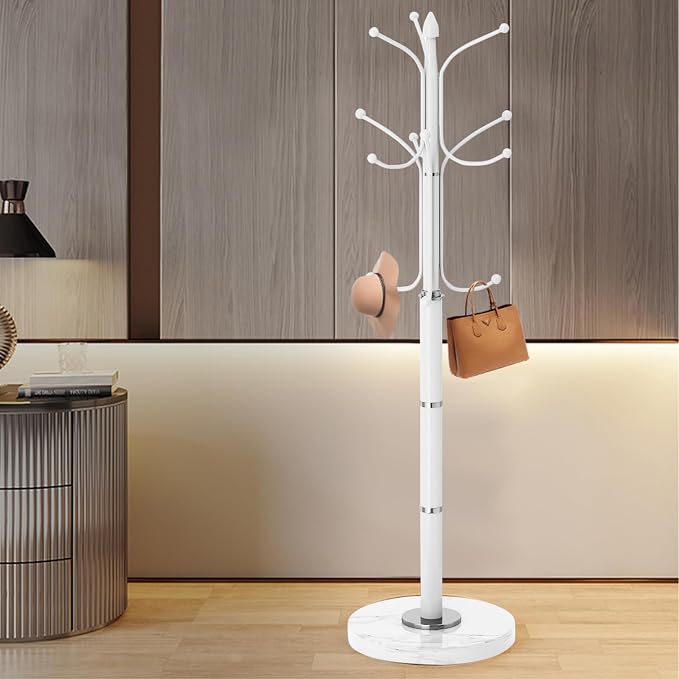 Coat Rack Stand,White Metal Coat Rack Freestanding with 12 Hooks | Modern Coat Rack with Natural Marble Base,Heavy Duty Coat Hanger Stand, Coat Hall Clothes Tree Stand for Office,Bebroom