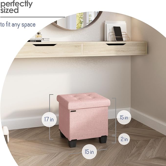 Storage Ottoman Cube with Small Bin, 15-in Square Ottoman with Storage for Living Room and Bedroom, Small Ottomans Foot Rest, Fabric Foot Stools Ottomans Max 330lbs, Pink