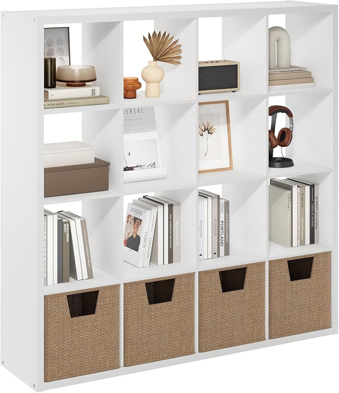 16-Cube Cubicle Bookshelf, Cube Bookcase with Open Back, Reversible Book Shelf, Cube Storage Organizer, 15 x 58 x 58, for Living Room, Home Office, White