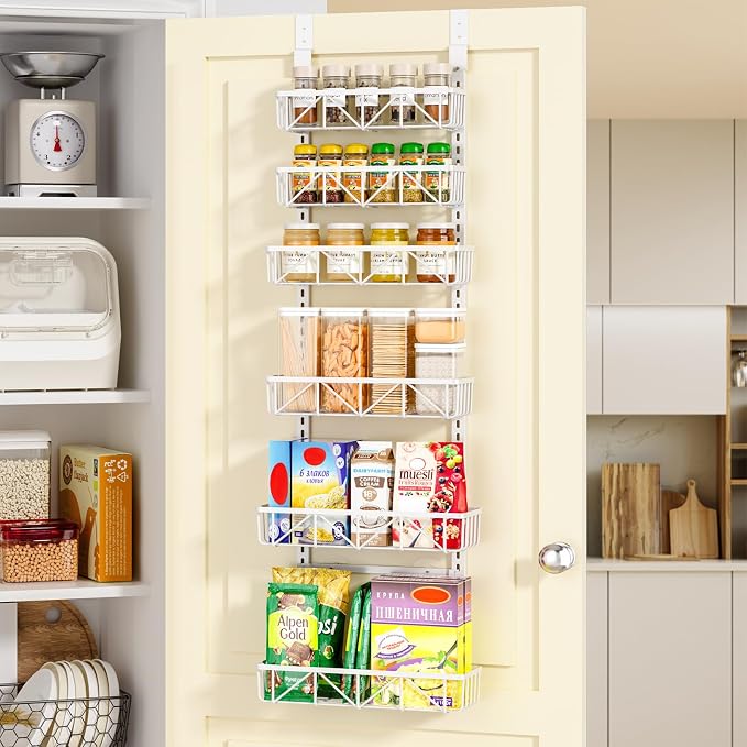 Delamu White Narrow 6-Tier Over the Door Pantry Organizer, Adjustable Metal Hanging Spice Rack, Cabinet Door Organizer for Kitchen, Bathroom, Laundry Room, 12.5