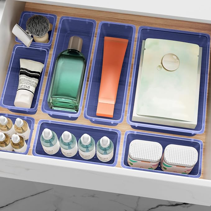 12 PCS Drawer Organizer Set, Makeup Organizer, Tool Storage Tray, Navy Blue | 4 Sizes, Plastic, Stackable, Multiple Gadgets, Desk Drawer Divider Organizers, for Makeup, Office Supplies Storage