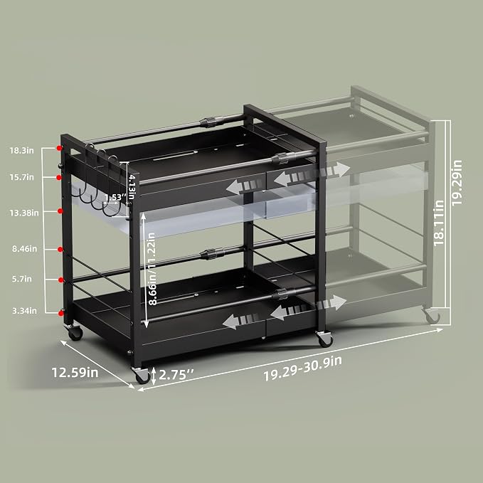 2 Tier Expandable Rolling Cart with wheels, pantry organizers and storage | kitchen Storage Cart for cans,food,snack and appliances,Adjustable shelf board height,Black,12.59"D×19.29-30.9"W×19.29"H