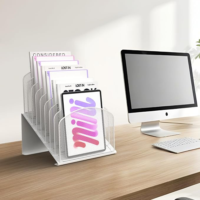 Sinboun Inclined Desk File Organizer Folder Holder with 8-Section, White