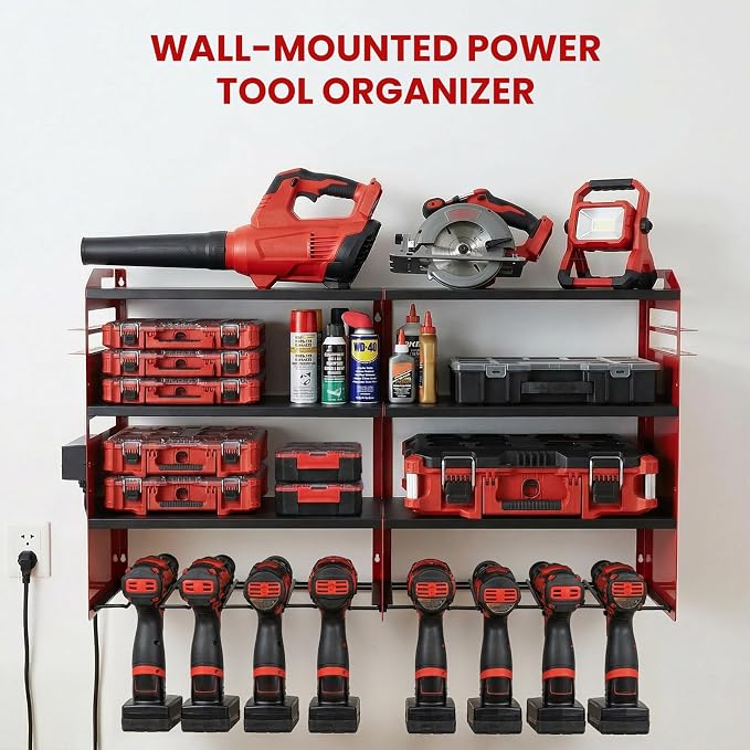 Power Tool Organizer Wall Mount, Includes Power Strip, RED | Heavy Duty 600 Lbs Metal Tool Storage Rack, 4-Tier Garage Drill Holder & Workshop Battery Management Station