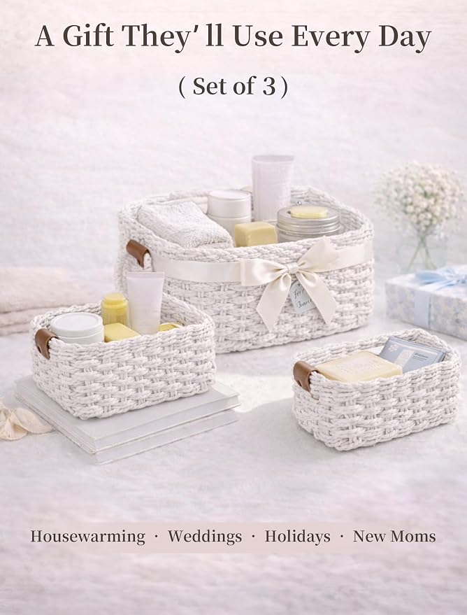 Small Wicker Baskets, 3 PCS Paper Rope Baskets for Shelves, White | Recycled Small Baskets, 3 Sizes Woven Baskets for Organizing, Decorative Storage Baskets for Bedroom and Bathroom