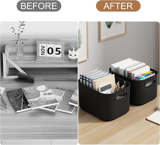 ORGIDOL 8 Pack Black Storage Bins with Lids Stackable Storage Container for Organizing, Black Storage Boxes with Handle for Shelves, Cute Organizer Bins for Craft, Snacks, 9.85x6.9x5.7 inch