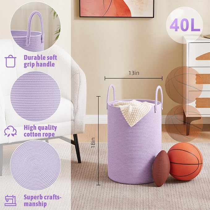 Artfeel Laundry Basket,Woven Cotton Rope Laundry Hamper,40L for Decorative Storage of Dirty Clothes,Toys and Blankets in Bathroom,Baby Room and Living Room
