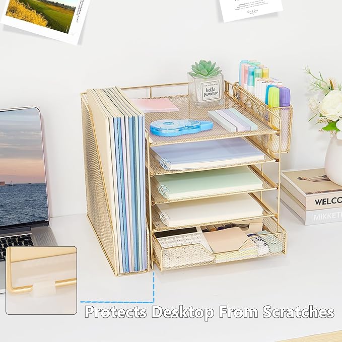 Desk Organizers and Accessories, 5-Tier Paper Letter Tray Organizer with File Holder, Drawer & Pen Holder, Office Desk Accessories, Desktop Organizer for Classroom Office Supplies, Gold