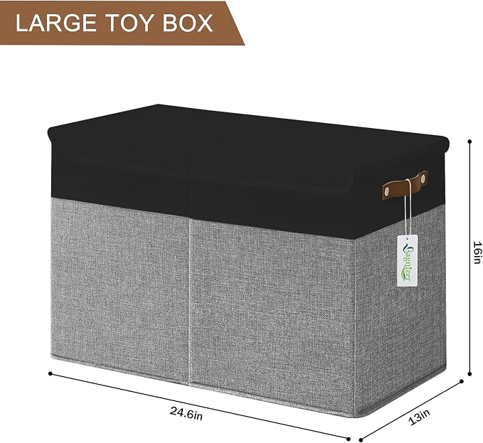 Bagnizer Large Toy Storage Box with Lids, Collapsible Sturdy Baby Storage Organizer Chest Bin Basket for Kids, Boys, Girls, Playroom, Nursery, Bedroom, Closet 25"x13"x16" (Gray and Black)
