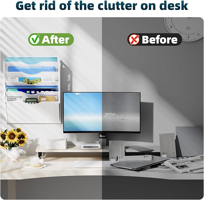 Marbrasse 5 Tier Wall File Organizer, Plastic Hanging File Holder for Mail, Magazines Paper Organizer Wall Mounted for Office Home (White)