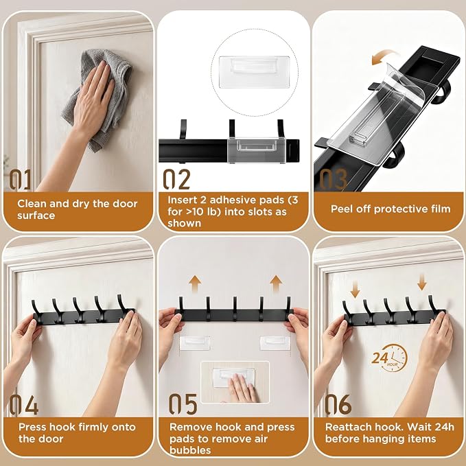 MIAOW Over The Door Hooks, Strong Adhesive Hanger Shower Towel Racks Black | 10 Coat Hook for Shower Bathroom, Detachable Adhesive Hook Not Damage Door, Save Space|No Noisy, Adjustable Height for All