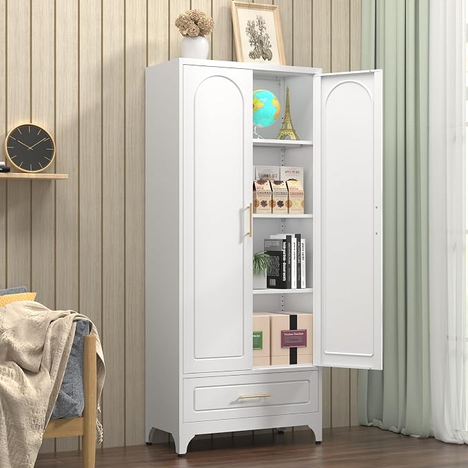 Polup 75" Metal Storage Cabinet, Tall Kitchen Pantry Cabinet with 1 Drawer | White Heavy-Duty Steel Cupboard, 2 Doors, 3 Adjustable Shelves, Magnetic Latch, Gold Handles, for Dining Living Room, Laundry