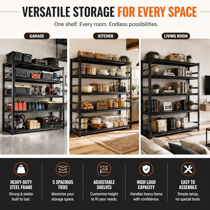 Heavy Duty Garage Shelving 5 Tier Metal Rack, 3000 LBS Adjustable Storage | Boltless steel shelving with double layer posts, for garage, basement, warehouse and kitchen storage, 72"H×36"W×16"D, Black