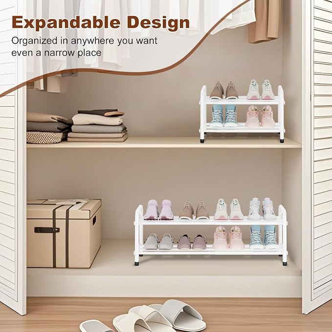 KANAV 2-Tier Expandable Shoe Rack, Heavy Duty Adjustable Metal Shoe Organizer for Closet & Entryway, Freestanding, Tool-Free Assembly, White