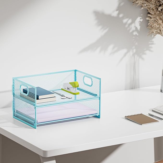 Marbrasse 2 Tier Paper Organizer Letter Tray, Mesh File Organizer with Handle, Paper Sorter Desk Organizer for Home Office Supplies - Blue