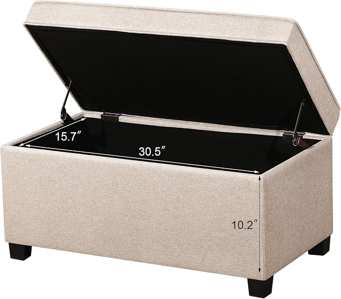 Adeco 31 Inches Storage Ottoman Bench, Non-Folding End of Bed Foot Rest Stools Ottoman with Thicker Foam Padded Seat, Upholstered Storage Chest for Living Room, Entryway, Bedroom