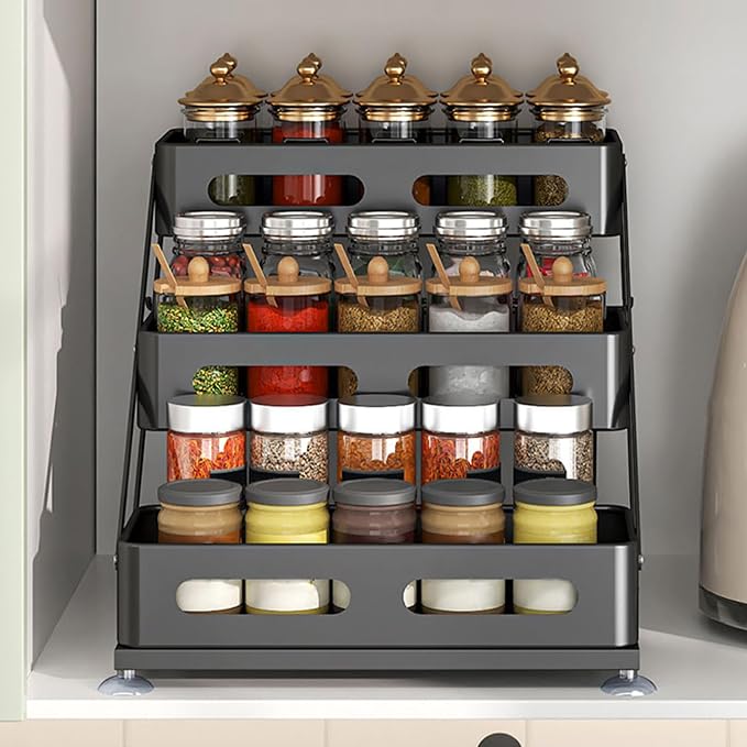 Ceetug 3 Tier Foldable Spice Rack, Black | Iron, For Countertop, Kitchen Seasoning Organizer, For Cabinet