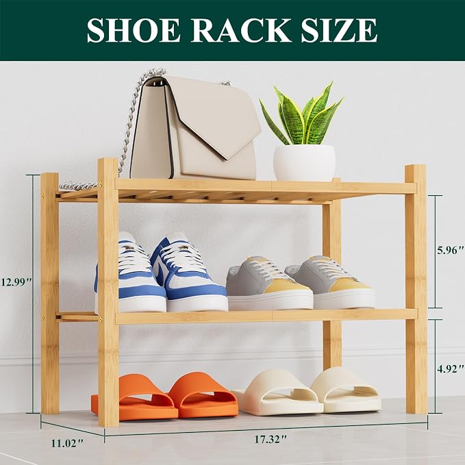 Smiry Bamboo Shoe Rack, 14 Vertical Slats, 2 Tier - 17.3" Wide, Natural | Stackable Free Standing Wooden Shoe Organizer, Wood Shoe Storage Shelf for Closet, Entryway, Thicher Leg