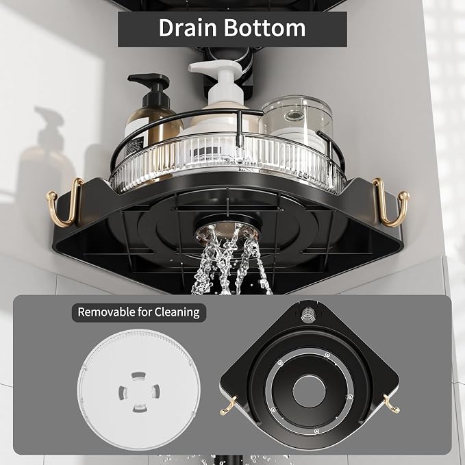 akinbas 360° Rotating Shower Caddy Tension Pole with 4-Tier Rustproof Lazy Susan 35-128 Inch No Drilling Coner Shelves Adjustable Shower Rack for Bathroom Bathtub Washbasin Plant Storage (Black)