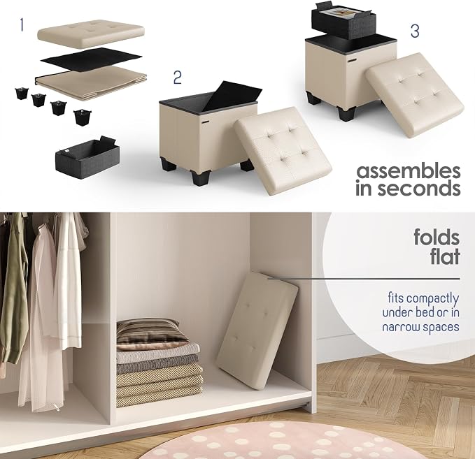 Storage Ottoman Cube with Small Bin, 15-in Square Ottoman with Storage for Living Room and Bedroom, Small Ottomans Foot Rest, Leather Foot Stools Ottomans Max 330lbs, Beige