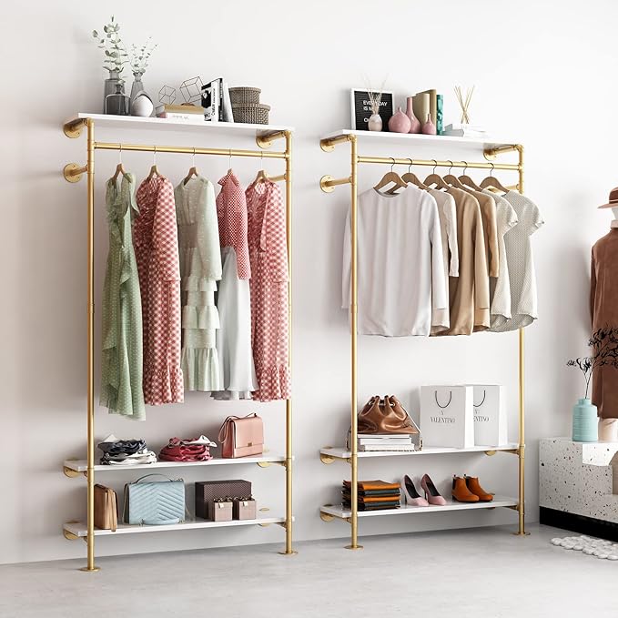 Gold Wall Clothing Racks with White Shelves, Wall Mounted Gold Clothes Rack for Hanging Rods,Heavy Duty Industrial Pipe Clothing Racks With Shelves Retail Display Garment Rack for Home