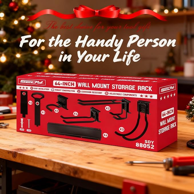 SEDY 64" Heavy Duty Garage Storage Tool Organizer Wall Mount - Tool Rack with Adjustable Hooks, Anti-Rust, 300lbs Capacity - Easy Installation (4 Racks, 10 Hooks, 3 Straps)