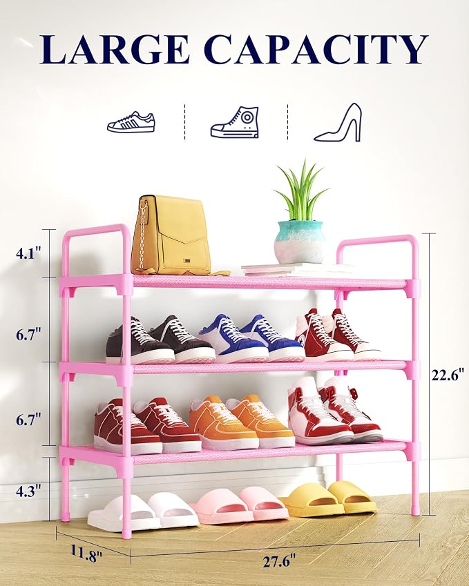 Kitsure Shoe Rack for Closet, Shoe Storage, 27.6" Wide - 3 Tiers, Pink | Shoe Organizer for Closet, Entryway, Living Room, Space-Saving Shoe Shelf, Sturdy Zapateras Organizer