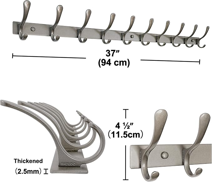 SKOLOO Coat Rack Wall Mounted - 10 Hooks, Heavy Duty, Stainless Steel, Metal Wall Hanger, Sturdy Coat Hooks for Hanging Coats, Jacket, Clothes, Hat, Matte Grey