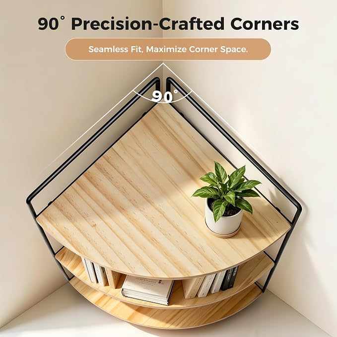 3 Tier Corner Bathroom Counter Organizer – Solid Wood + Metal Stand, Bathroom Countertop Organizer for Skincare, Makeup & Vanity, Space-Saving Rustic Storage for Sink, Kitchen & Bathroom