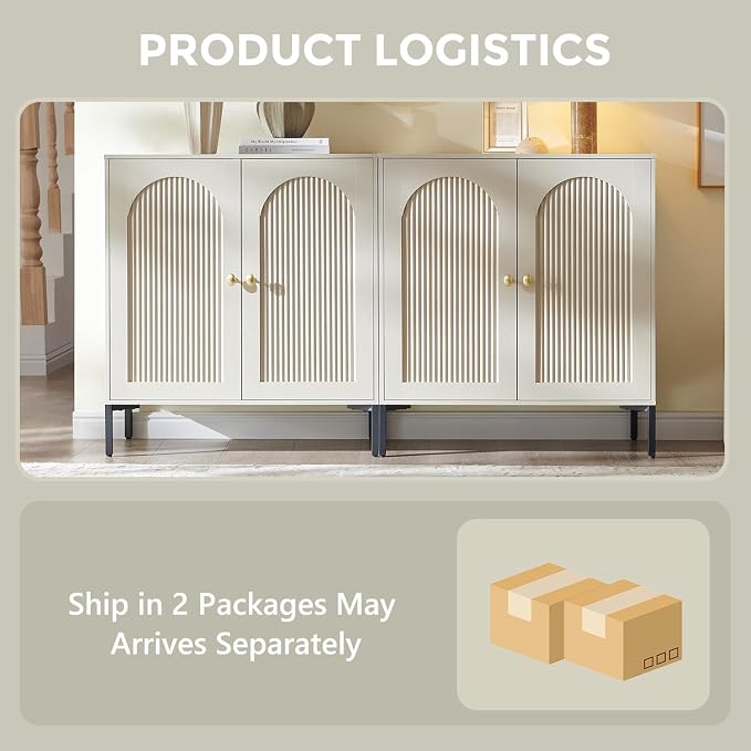 IFGET 61.75" W Modern Arched Sideboard Buffet Cabinet with Storage, Cream | Fluted Arch Sideboard Cabinet w/Adjustable Shelves, Wooden Modular Kitchen Cabinet for Dining& Living Room, Kitchen, Entryway