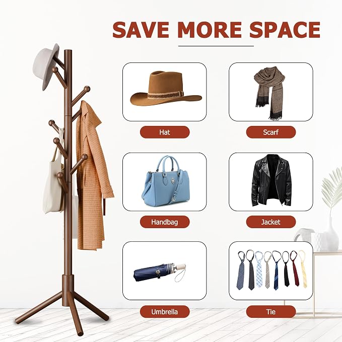 8-Hook Freestanding Coat Rack 3 Heights Safe Round Tips Brown | Smooth Round Tips Prevent Slipping,Tool-Free Assembly,Holds Clothes Hats Handbags,Ideal for Entryway Bedroom Hallway Office