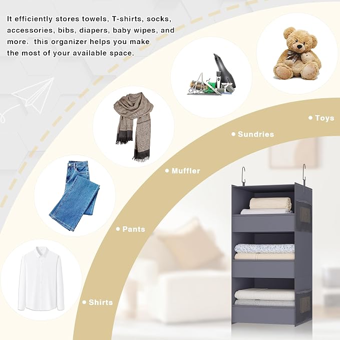 3-Shelf Hanging Closet Organizer, Washable Foldable Storage, Dark Gray | Front lip keeps items secure; side pockets add room; Oxford fabric handles towels, shirts, baby items, dorms, RVs or travel.