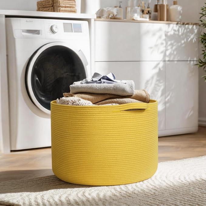 Extra Large 115L Yellow Basket, 23.6" x15.7 Cotton Rope Yellow Decor for Living Room Bedroom, Woven Basket for Blanket, Laundry, Towel, Shoe, Kids Toy Box Organizer, Room Decor Storage Bin