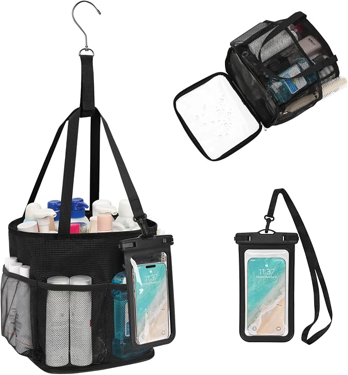 Mesh Shower Caddy Portable for College Dorm Room Essentials, Hanging Shower Caddy with Waterproof Phone Pouch, Large Capacity Shower Bag Basket Tote for Bathroom, Gym, Camping, Swimming, Beach, Black