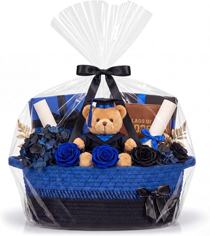 Colingmill 1 Set Woven Empty Basket for Gift,Blue Black | with Cellophane Wrap Set, 14 x 10 x 5.5 Inch, Medium Decorative Gift Basket, Cotton Rope Storage Box, Home Decor