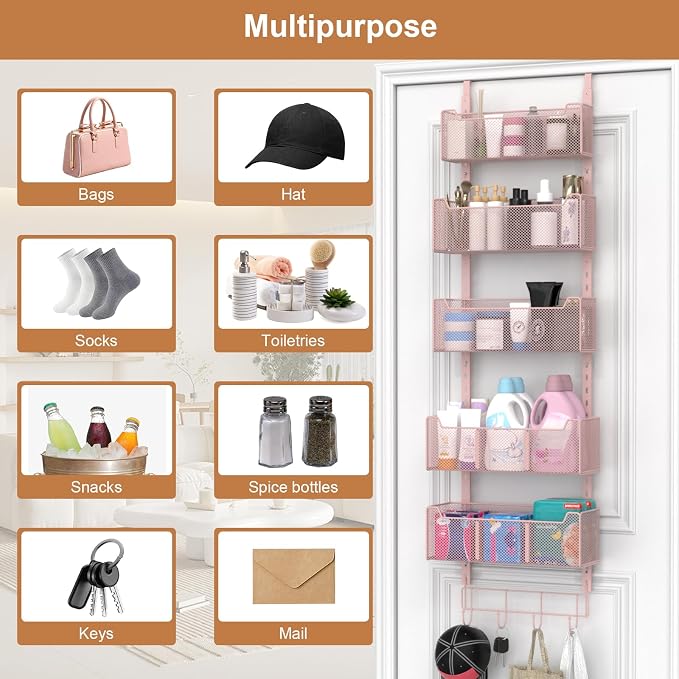 VyGrow Over The Door Organizer, Metal Door Organizer Hanging with 5 Adjustable Baskets and Coat Hook, Behind The Door Storage for Bedroom Closet Bathroom Pantry Cabinet Kitchen, Pink