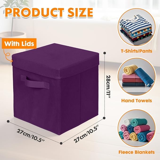 ShellKingdom Storage Bins, Foldable Fabric Storage Cube with Lid for Closet | Clothes Storage Organizer Drawer For Closet Toys Storage, 10.5 X 10.5 X 11 INCH, 2 Pack (Purple)